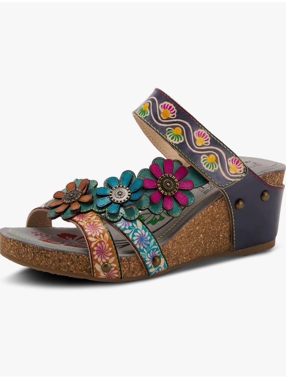 L’ARTISTE Delight by Spring Step Leather Floral Cork Wedge Sandals Sz 40 US 9 - Picture 6 of 10